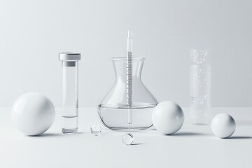 A collection of laboratory glassware and spheres on a minimalist white surface, showcasing scientific tools