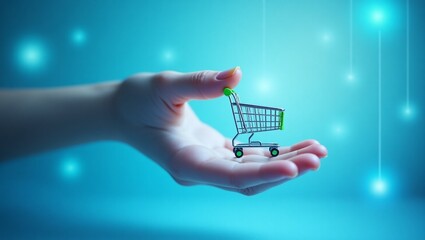 A sleek, modern hand with pale, smooth skin and neatly trimmed fingernails grasping an imaginary shopping cart, hovering above a blurred, gradient blue background that resembles a digital interface. T