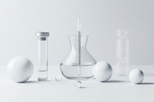 A collection of laboratory glassware and spheres on a minimalist white surface, showcasing scientific tools