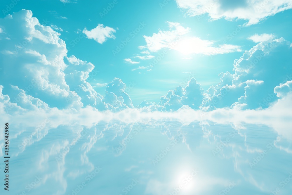 Aufkleber bright blue sky with fluffy clouds reflecting on tranquil surface during midday in a serene landscap
