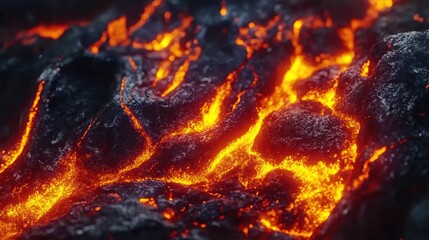 Obraz premium Mesmerizing close up of glowing molten lava with dark volcanic rock creating intense heat and destruction