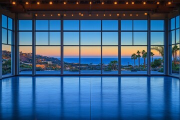 Fototapeta premium Stunning coastal view at sunset from a spacious event space with large windows overlooking the ocean and palm trees