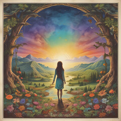 The girl is entering an amazing, wonderful world. Ideal world. Young woman is coming into a magical world. 