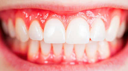 Fototapeta premium close up of inflamed gums with visible redness and swelling, highlighting oral health issues such as gingivitis or gum disease. teeth appear clean, contrasting with irritated gums