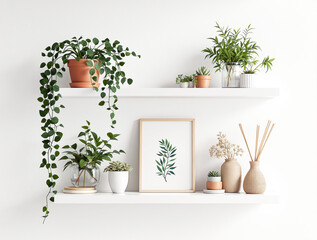 Stylish white floating shelves with green plants, framed artwork, and decorative vases on a light background. Modern home decor concept. Ai generative