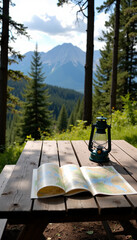 Open map and lantern on a wooden table surrounded by trees in a mountain forest