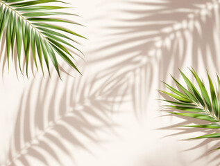 Obraz premium Green palm leaves casting soft shadows on a beige background, creating a tropical and natural aesthetic. Perfect for creative wallpaper or design elements. Ai generative