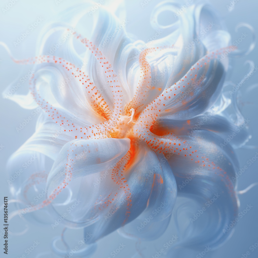 Poster digital illustration of an abstract flower reminiscent of a sea creature, with sleek white shapes an