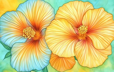 Vibrant Yellow and Teal Hibiscus Flowers Detailed Botanical Illustration