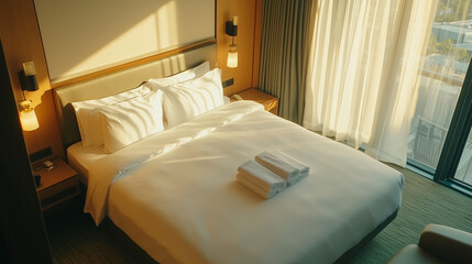 Neatly Folded White Towels on Hotel Bed, Minimalist Comfort and Cleanliness

