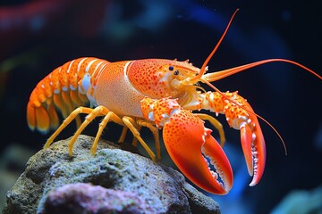 Brightly colored lobster resting on a rock in a vibrant underwater environment