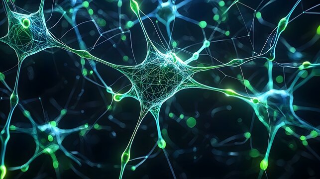 The image shows a detailed visualization of neurons, the fundamental cells of the nervous system, intricately connected and communicating through a complex network of glowing, cyan and green synapses