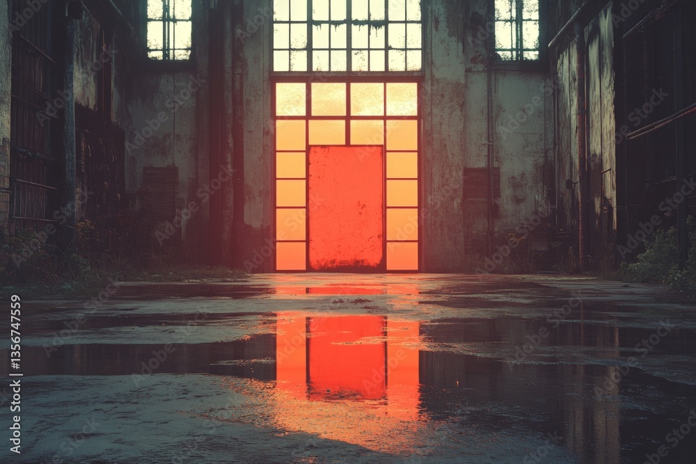 Aufkleber dimly lit abandoned building with vibrant red doorway reflecting on wet floor