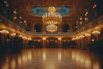 Obraz premium Elegant ballroom with dazzling chandeliers lighting the grand space during an evening event in a historic building