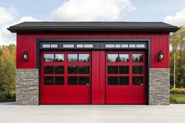 Fototapeta premium Modern red garage with stone accents set against a clear sky and autumn foliage