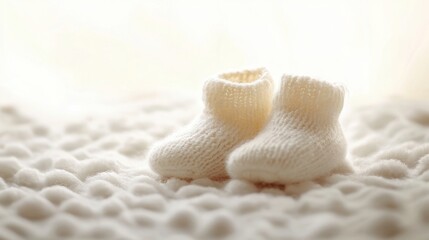 Delicate knitted baby booties on fluffy surface capturing innocent childhood anticipation sweet moment