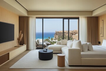 Fototapeta premium Luxurious hotel room with ocean view and modern design in a tropical destination