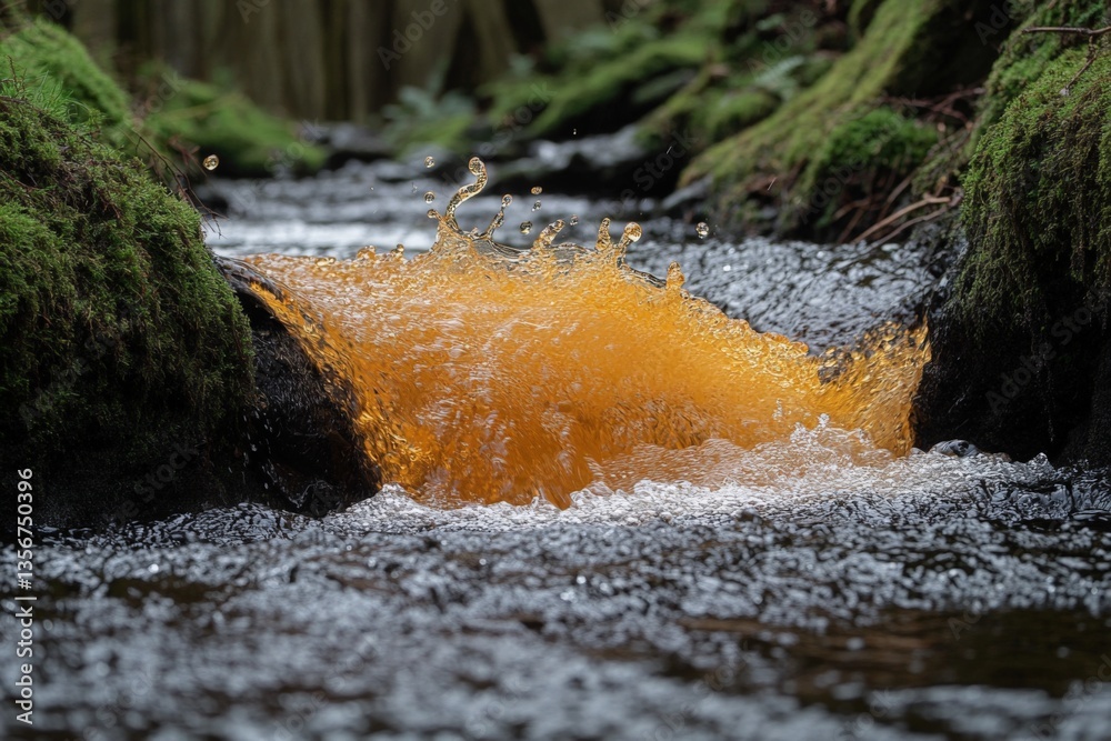 Poster water splashes in a forest stream creating vibrant orange bubbles during a sunny afternoon in a sere