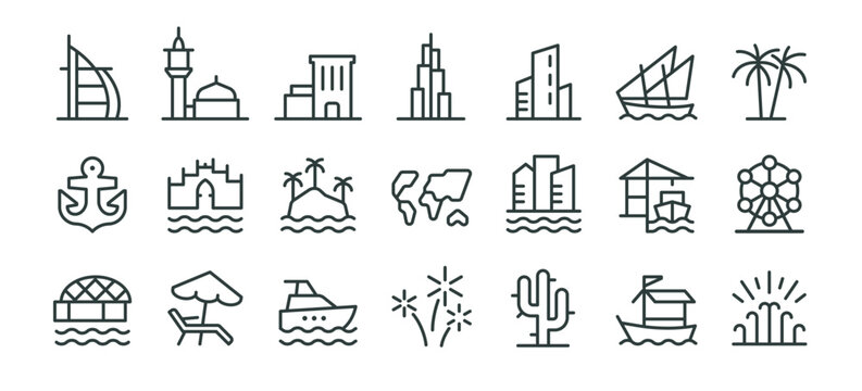 Premium Icons Pack on Famous District, Architecture and Landmarks United Arab Emirates Dubai. Such Line Signs as Burj Khalifa, Dubai Old City. Vector Icons Set for Web and App Outline Editable Stroke.