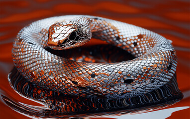 Fototapeta premium Metallic Snake Coiled on Reflective Surface, Abstract Reptile Art, Copper and Silver