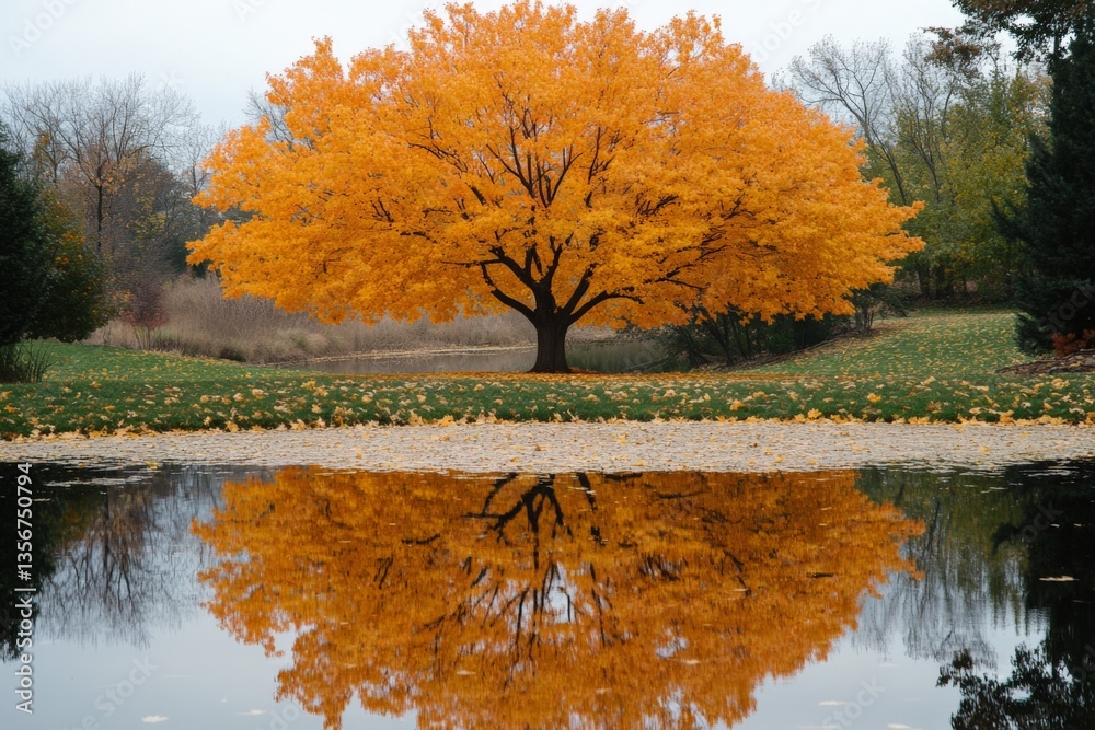 Poster vibrant orange maple tree reflected in calm water during autumn in a serene park setting