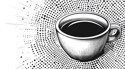 Vintage coffee cup, halftone background, radiant design