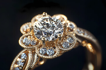 Fototapeta premium Exquisite Brilliance: A stunning macro shot of a detailed engagement ring, featuring a large, sparkling diamond centerpiece surrounded by smaller accent stones.