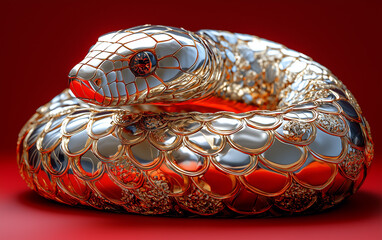 Fototapeta premium Metallic Snake Sculpture Coiled on Red Background, Decorative Art, Shiny, Detailed