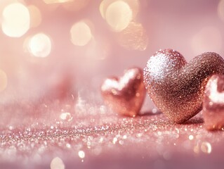 Obraz premium Shimmering Glitter Hearts on a Rose Gold Background Capturing the Essence of Romance and Affection with a Soft Bokeh Effect