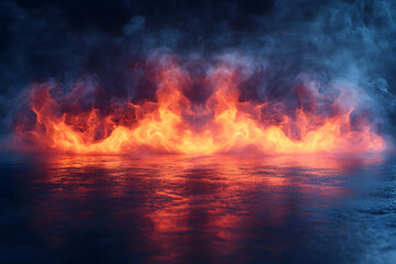 Fototapeta premium Fiery Flames And Smoke In Dark Reflective Studio Scene