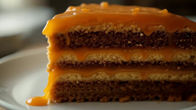 Delicious Caramel Cake Slice Closeup Sweet Dessert Treat Food