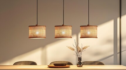Cozy dining area with woven pendant lights casting warm shadows on a wooden table with decor