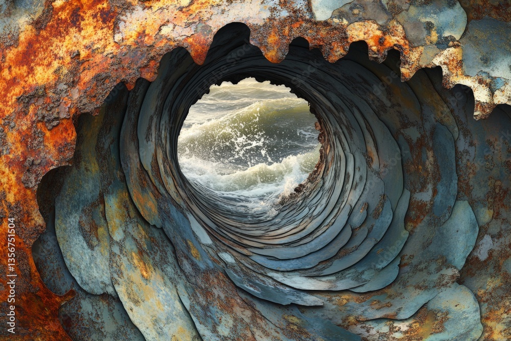Aufkleber Waves crashing through a rusty circular structure overlooking the ocean at sunset