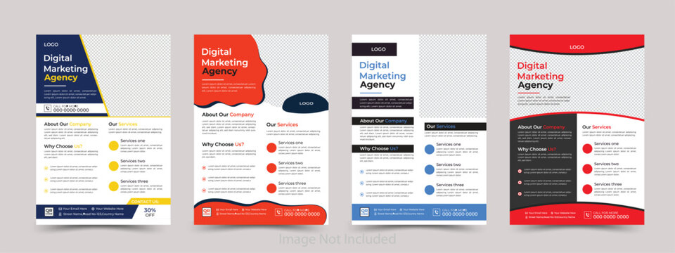 Corporate business flyer template design set with blue, orange, red and yellow color. marketing, business proposal, promotion, advertise, publication, cover page. new digital marketing flyer set.