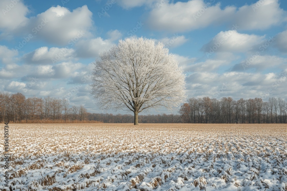 Poster frost-covered tree stands alone in a snowy field under a bright cloudy sky in winter