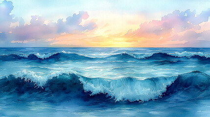 Obraz premium Serene Watercolor Depiction of Gentle Ocean Waves Beneath a Pastel Sunset Sky with Soft Clouds