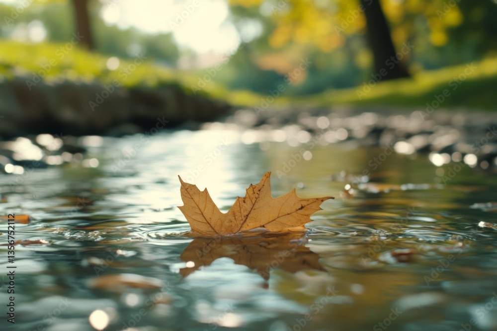 Poster Leaf floating on water in a serene park setting during autumn afternoon