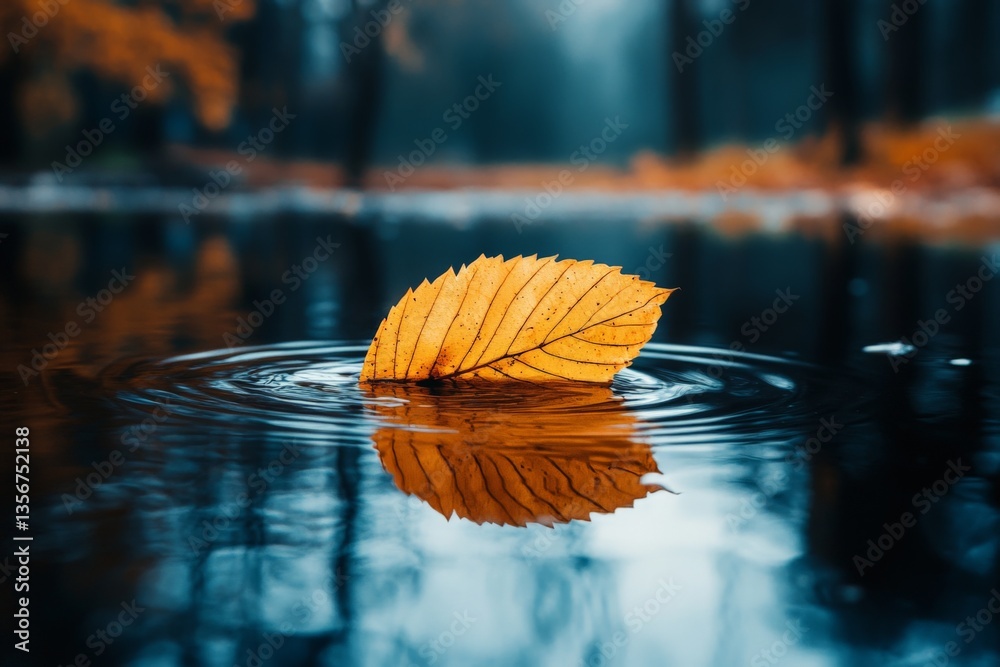 Aufkleber yellow leaf floating on calm water surface in a tranquil autumn forest setting