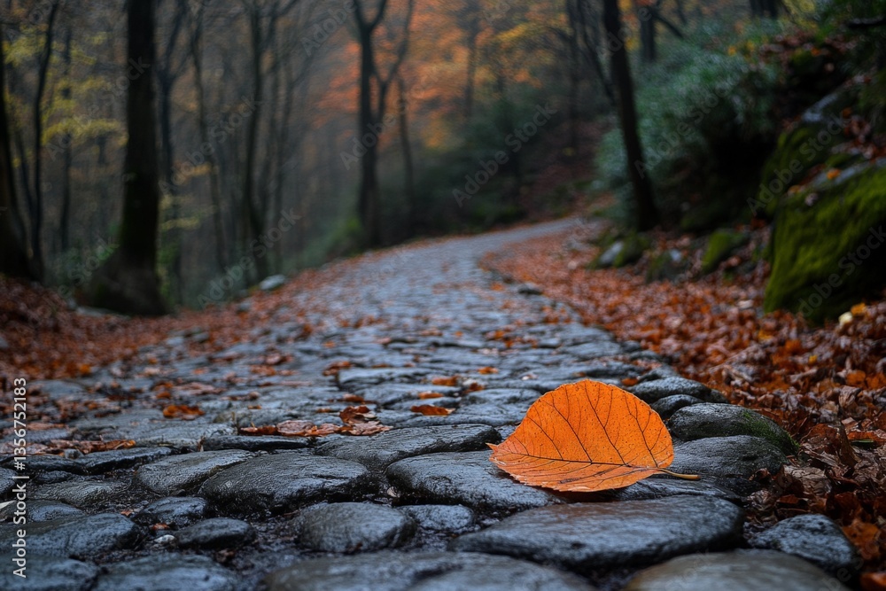 Aufkleber Colorful autumn leaf rests on cobblestone path surrounded by trees in serene forest setting during misty morning