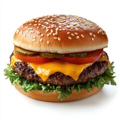 Delicious cheeseburger with sesame bun tomato pickle lettuce and melted cheese on a white background perfect for fast food restaurant menu