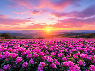 Fototapeta premium A vibrant field of pink flowers stretches across rolling hills under a colorful sunset sky, creating a peaceful and scenic nature background. Ai generative