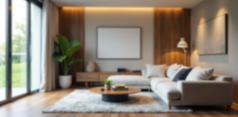 Fototapeta premium Abstract blur living room interior with modern furniture and soft lighting, design, soft lighting