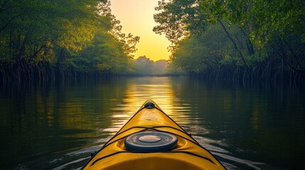 Fototapeta premium Kayaking through mangrove forest at sunrise