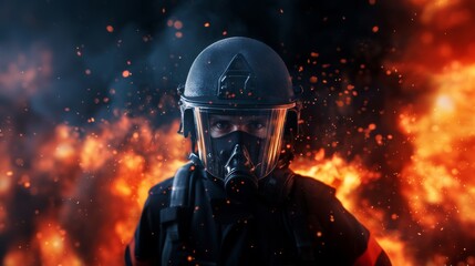 Firefighter fighting fire, close up, emergency response theme
