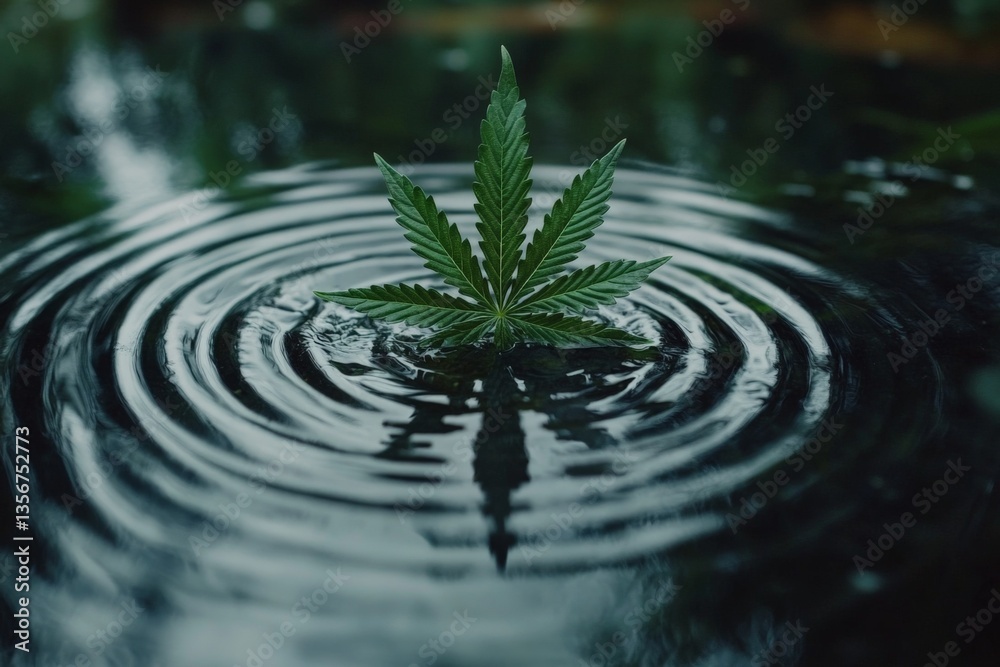 Poster Cannabis leaf floating on water creating ripples in a tranquil natural setting