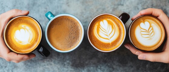 Overhead shot of hands holding four colorful cups of coffee with latte art on a gray background