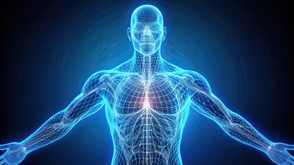 Futuristic holographic wireframe of human anatomy glowing in blue tones