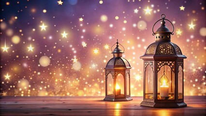 Obraz premium glowing-lanterns-rest-on-a-table-against-a-soft-pi