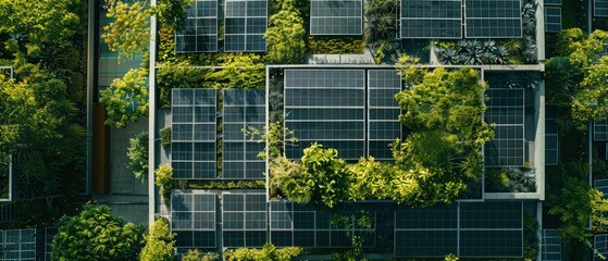 Obraz premium Aerial view of a lush green rooftop garden with solar panels, showcasing urban sustainability efforts