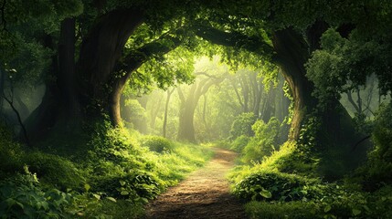 Obraz premium Sunlit Path Through Lush Forest